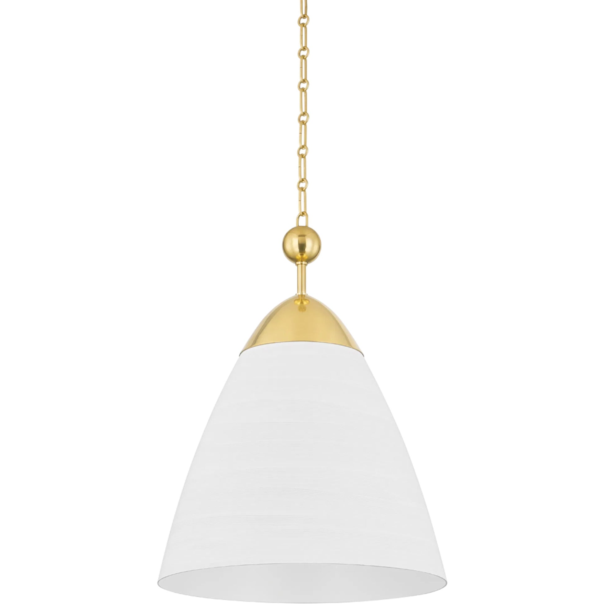 Bronson Pendant by Hudson Valley in aged brass, white plaster. Made from aluminum in a transitional style.