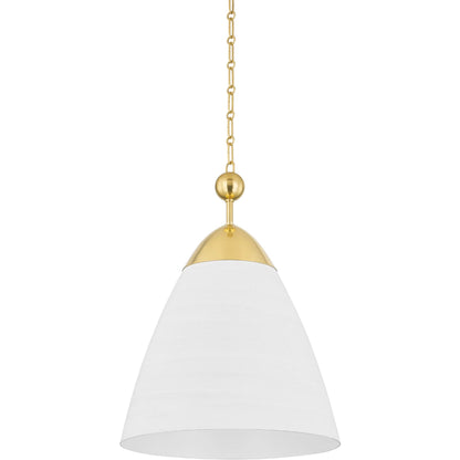 Bronson Pendant by Hudson Valley in aged brass, white plaster. Made from aluminum in a transitional style.