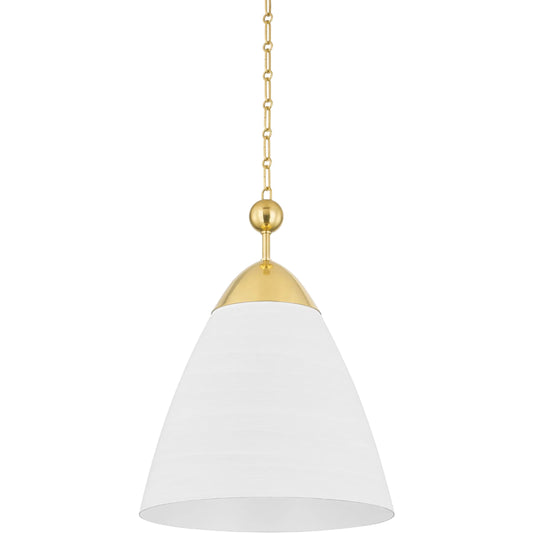 Bronson Pendant by Hudson Valley in aged brass, white plaster. Made from aluminum in a transitional style.