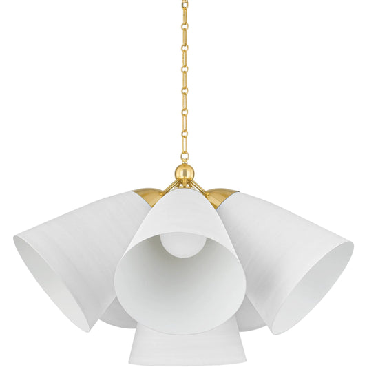Bronson Chandelier by Hudson Valley in aged brass, white plaster. Made from aluminum in a transitional style.