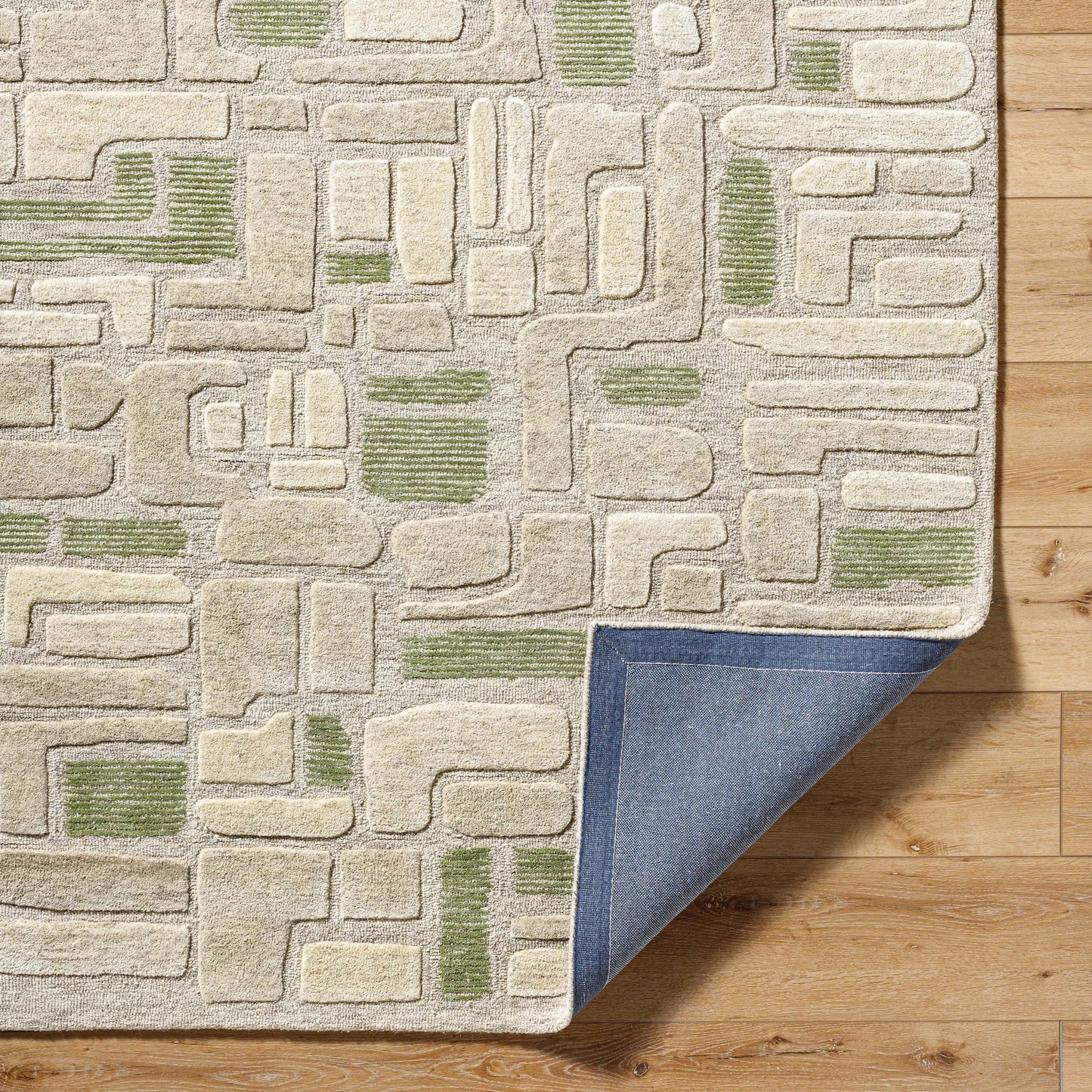 003 SI-2245565,SI-2245566,SI-2245567 | Closeup | Brook 530275 Rug by Livabliss in green, beige, cream, white. Made from wool in a unique style.