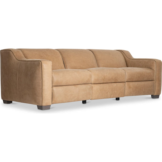 Flynn Leather Power Motion Sofa by Bernhardt in beige, tan. Made from leather in a traditional style.