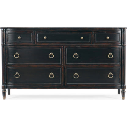 Charleston Seven-Drawer Dresser by Hooker Furniture. Made from cherry, okoume veneers, walnut inlay, olive ash burl, metal ferrules, solid-wood edge top in a traditional style.
