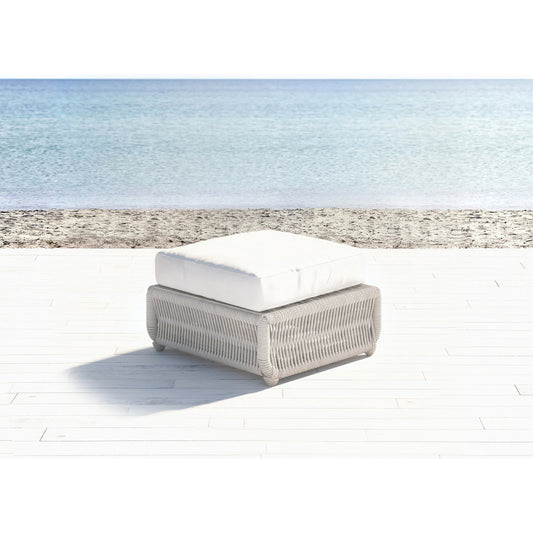 Dana Outdoor Rope Ottoman in Linen by Sunset West in natural. Made from olefin rope in a coastal style.