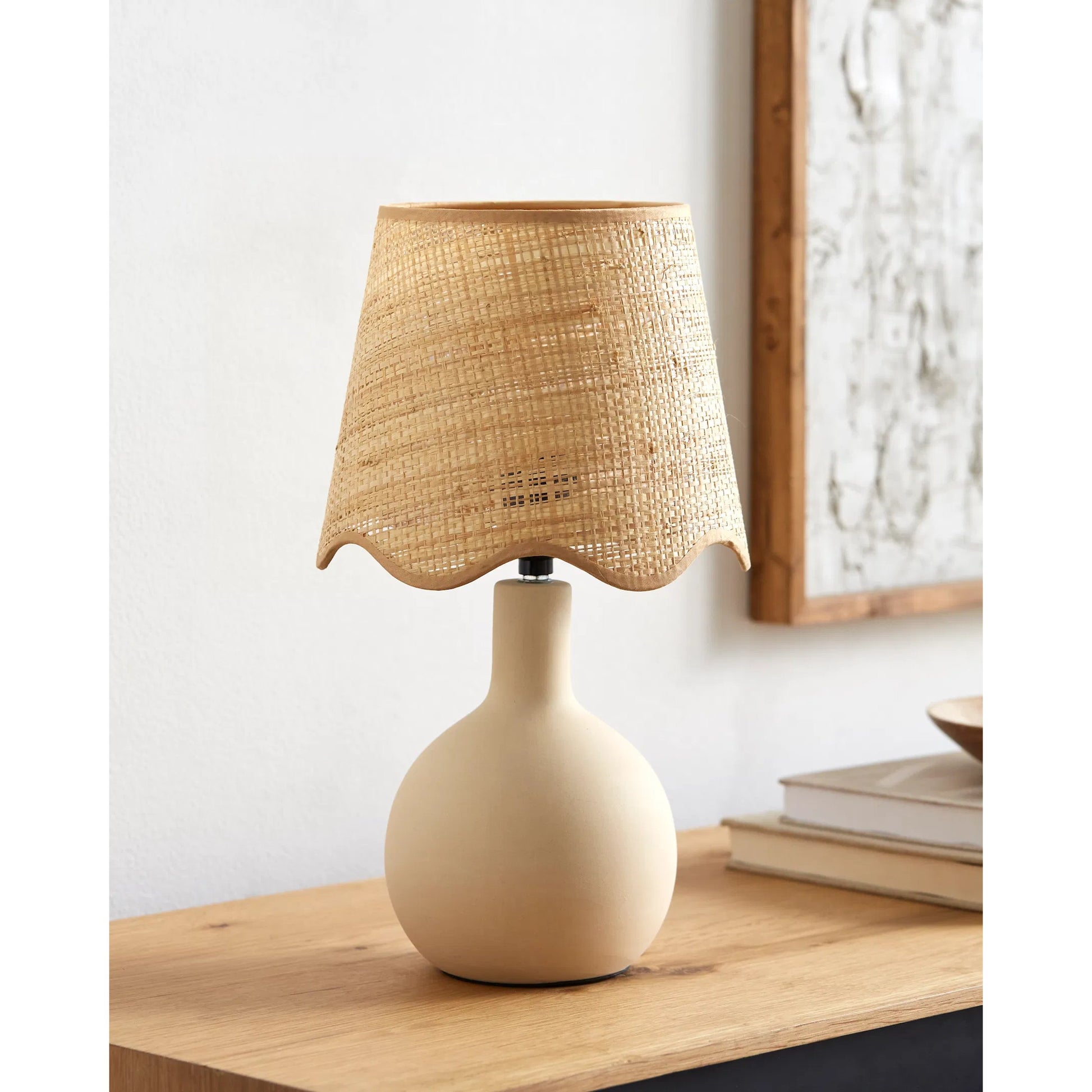 Balbao Table Lamp by Livabliss in high gloss. Made from ceramic, rattan, metal in a modern style.