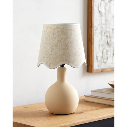 Balbao Round Table Lamp with Beige Linen Shade by Livabliss in high gloss. Made from ceramic, rattan, metal in a modern style.