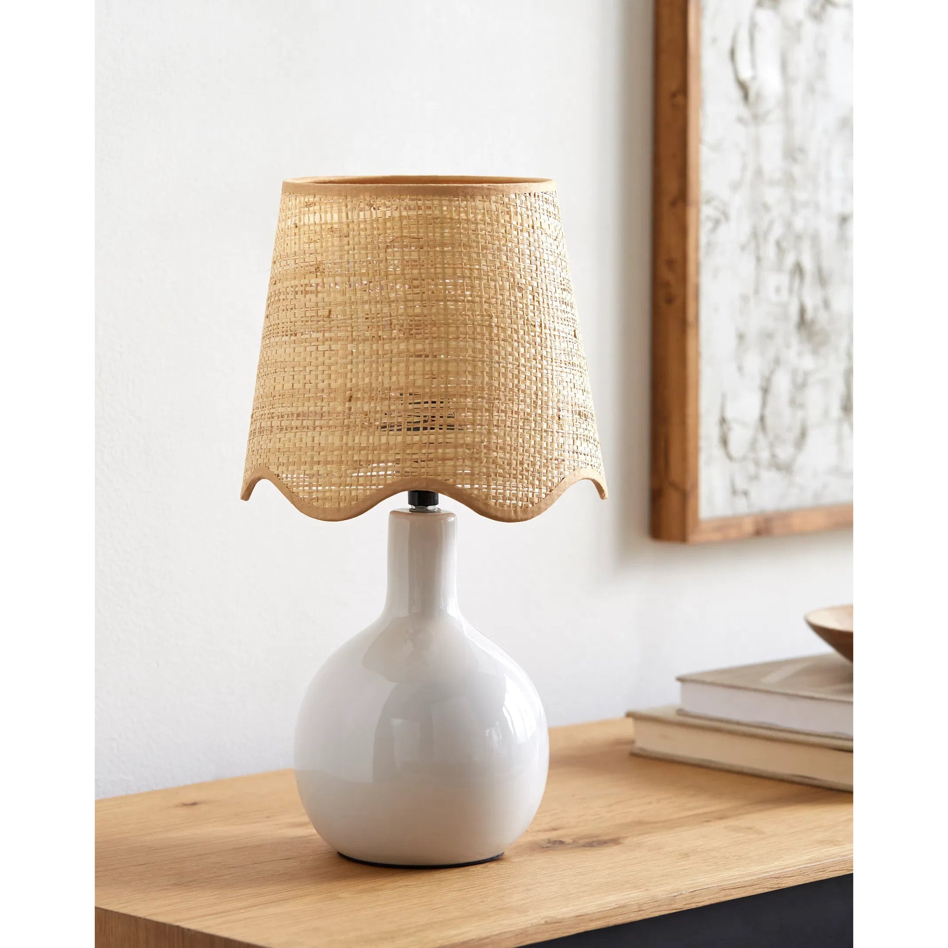 Balbao Table Lamp by Livabliss in high gloss. Made from ceramic, rattan, metal in a modern style.