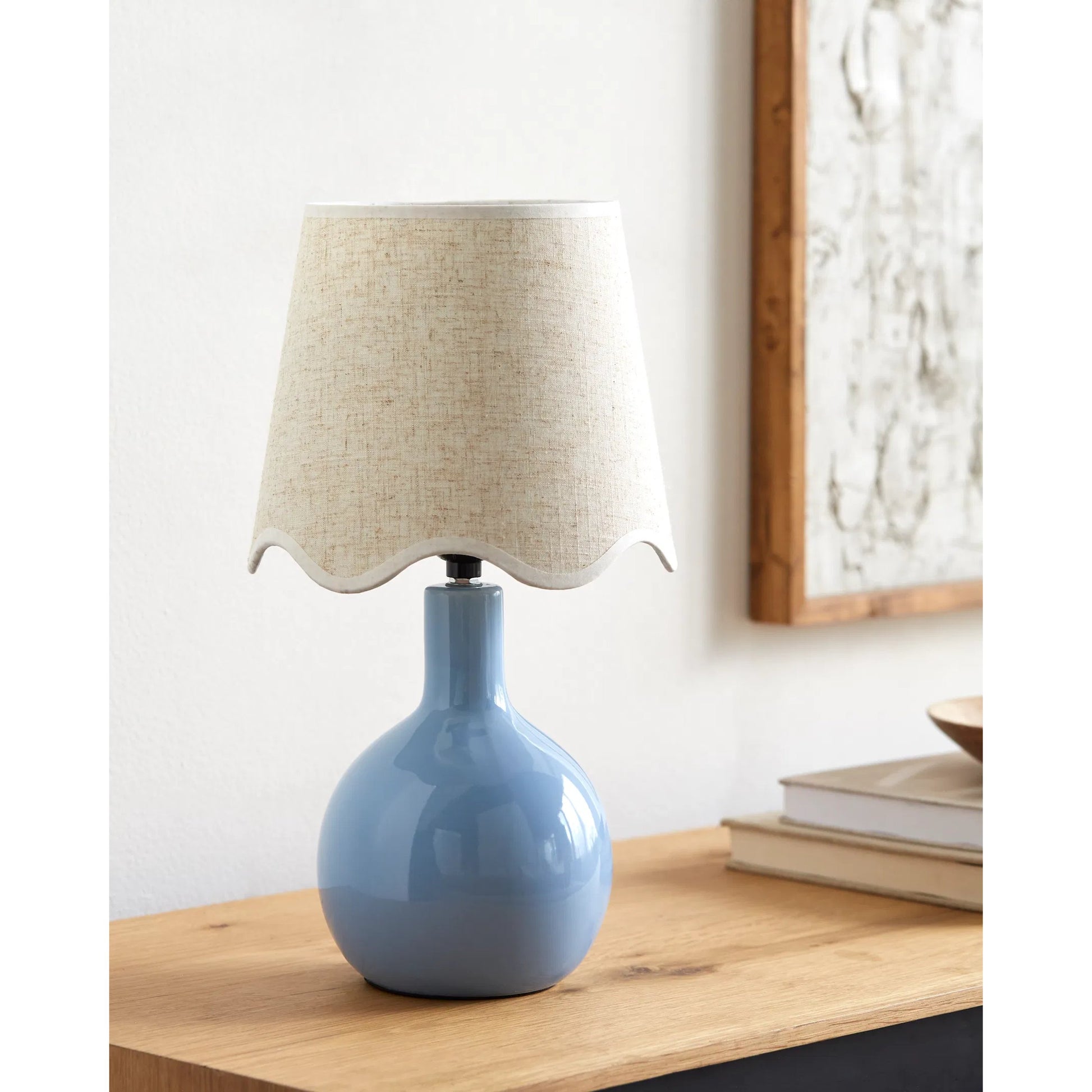 Balbao Round Table Lamp with Beige Linen Shade by Livabliss in high gloss. Made from ceramic, rattan, metal in a modern style.