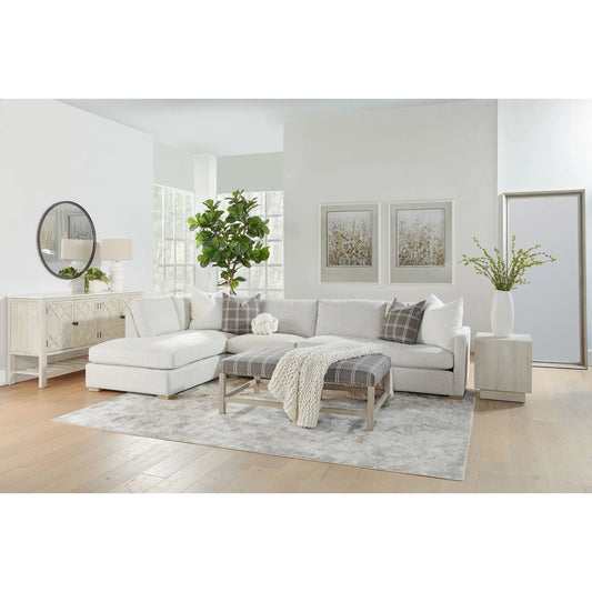 Blakely Upholstered Coffee Table by Essentials For Living in natural gray birch, performance walden smoke. Made from solid birch wood, 71% polyester/13% acrylic/9% linen/7% cotton fabric, foam in a modern style.