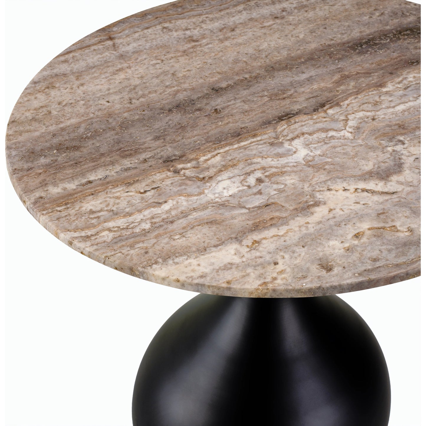 003 SI-2133113 | Closeup | Bolb End Table - 529834 by Surya in cream, black and cream, black. Made from top: travertine, base: metal in a modern style.