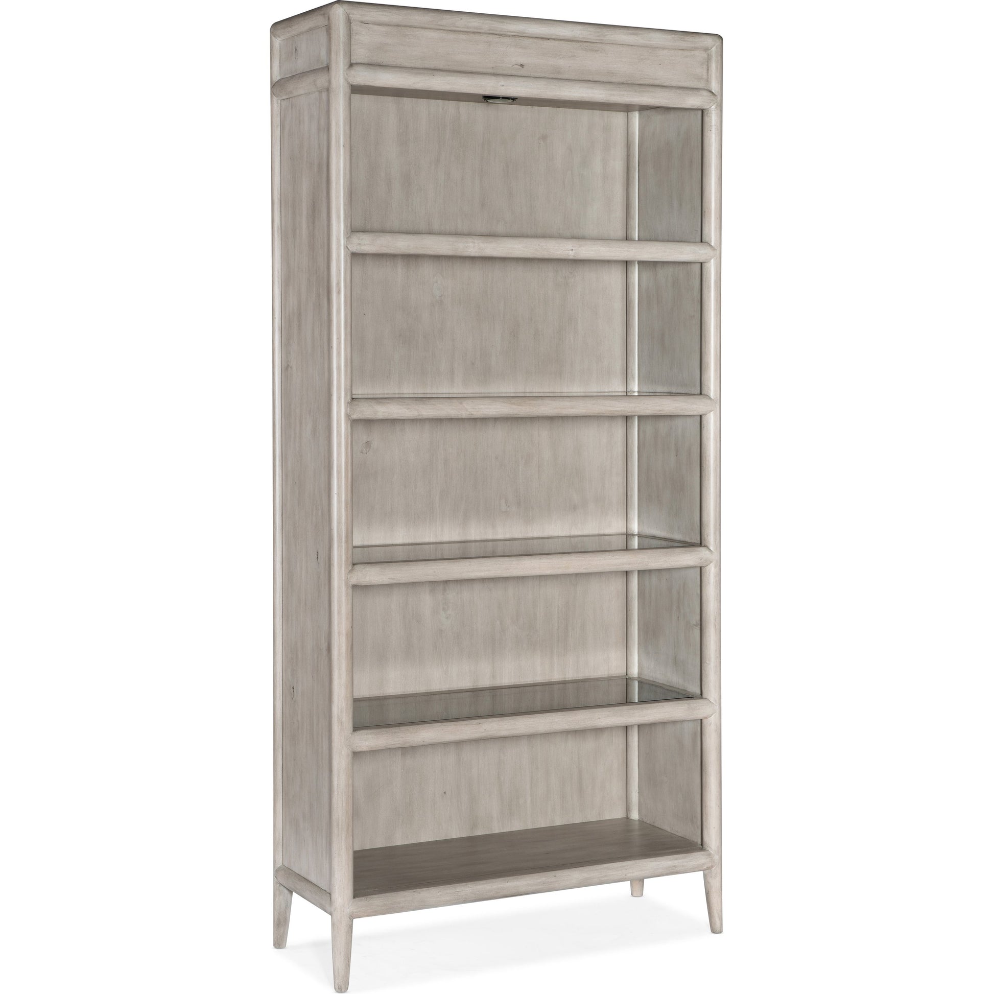 Burnham Bookcase by Hooker Furniture in grey mink. Made from alder veneers with knots in a cottage & farmhouse style.