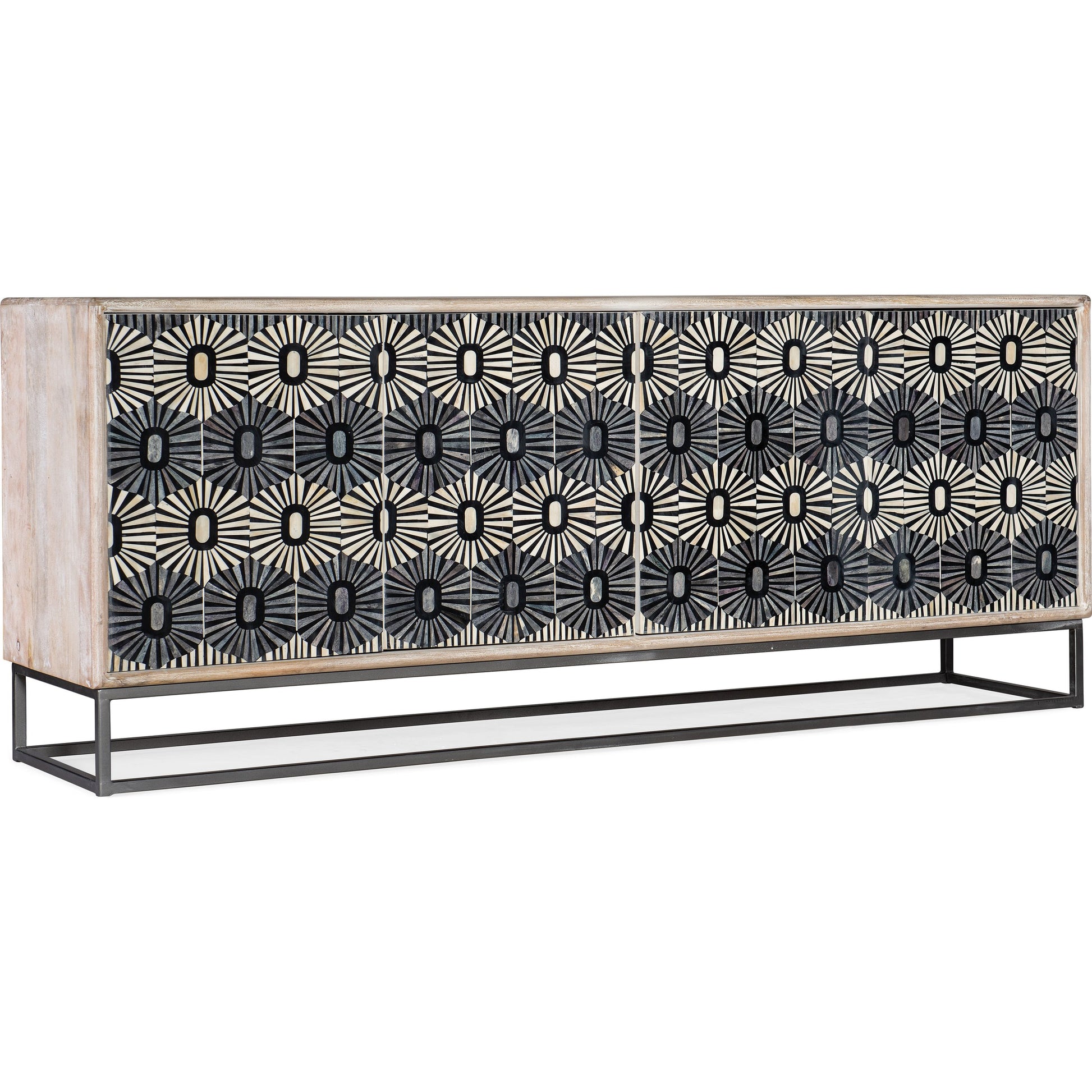 Melange Whitmore Four Door Credenza by Hooker Furniture in light wood. Made from mango wood with bone inlay, iron in a transitional style.