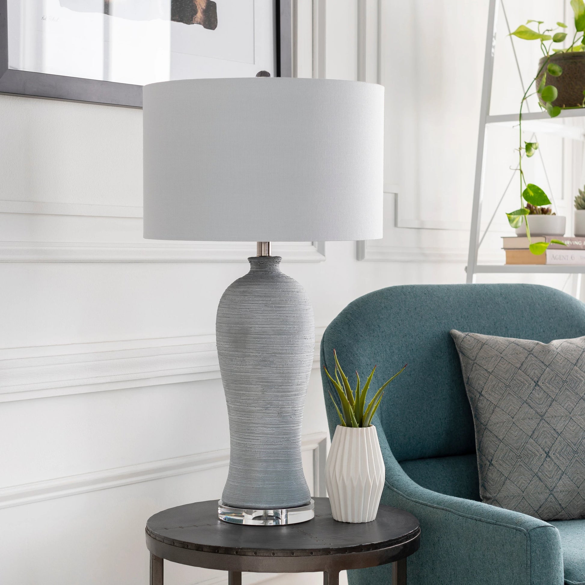 Blaine - 21516 by Surya in clear, light gray, metallic nickel and hand finished. Made from linen, polyester, concrete, acrylic, metal in a coastal style.