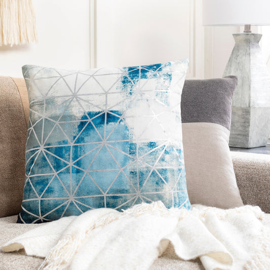 Balliano Pillow - 33258 by Surya in pale blue, blue, ink blue, white, light sage. Made from 100% polyester in a unique style.