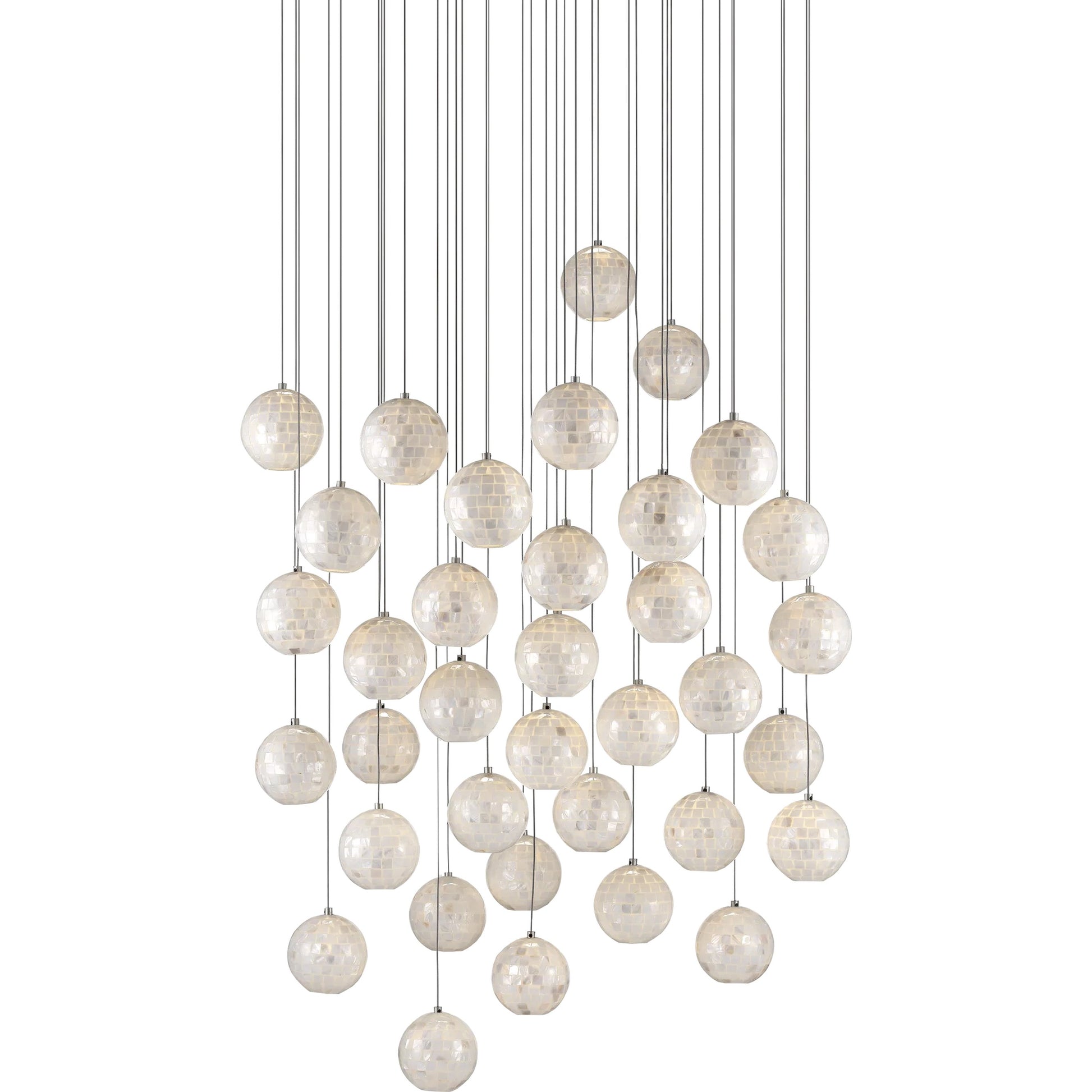 Finhorn 36-Light Round Multi-Drop Pendant by Currey and Company in painted silver, pearl. Made from metal, mother of pearl in a modern style.