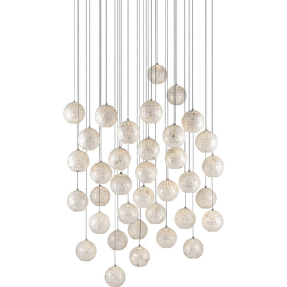 Finhorn 36-Light Round Multi-Drop Pendant by Currey and Company in painted silver, pearl. Made from metal, mother of pearl in a modern style.