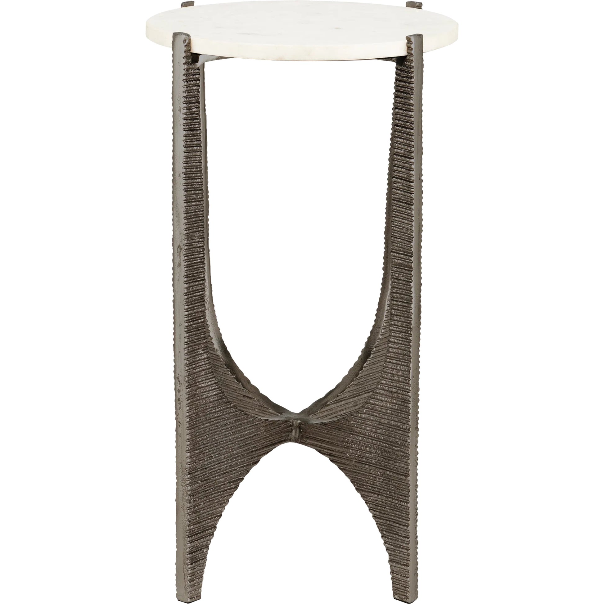 Micha Accent Table by Currey and Company in antique nickel, white. Made from cast aluminum, marble in a modern style.