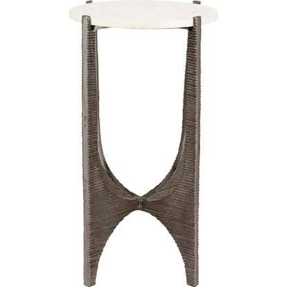 Micha Accent Table by Currey and Company in antique nickel, white. Made from cast aluminum, marble in a modern style.