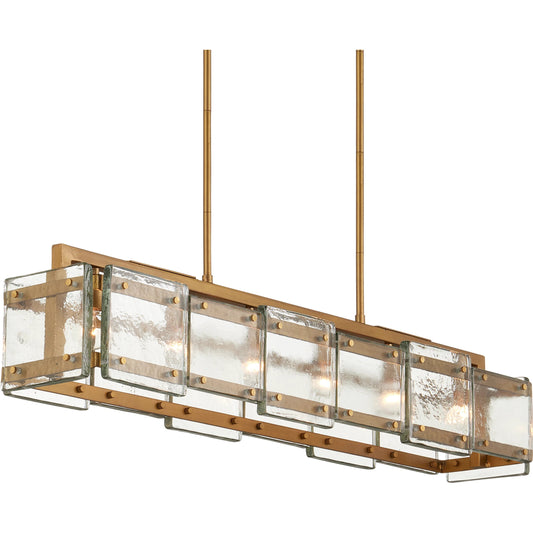 Countervail Chandelier by Currey and Company in clear, antique brass. Made from cast glass, metal in a modern style.
