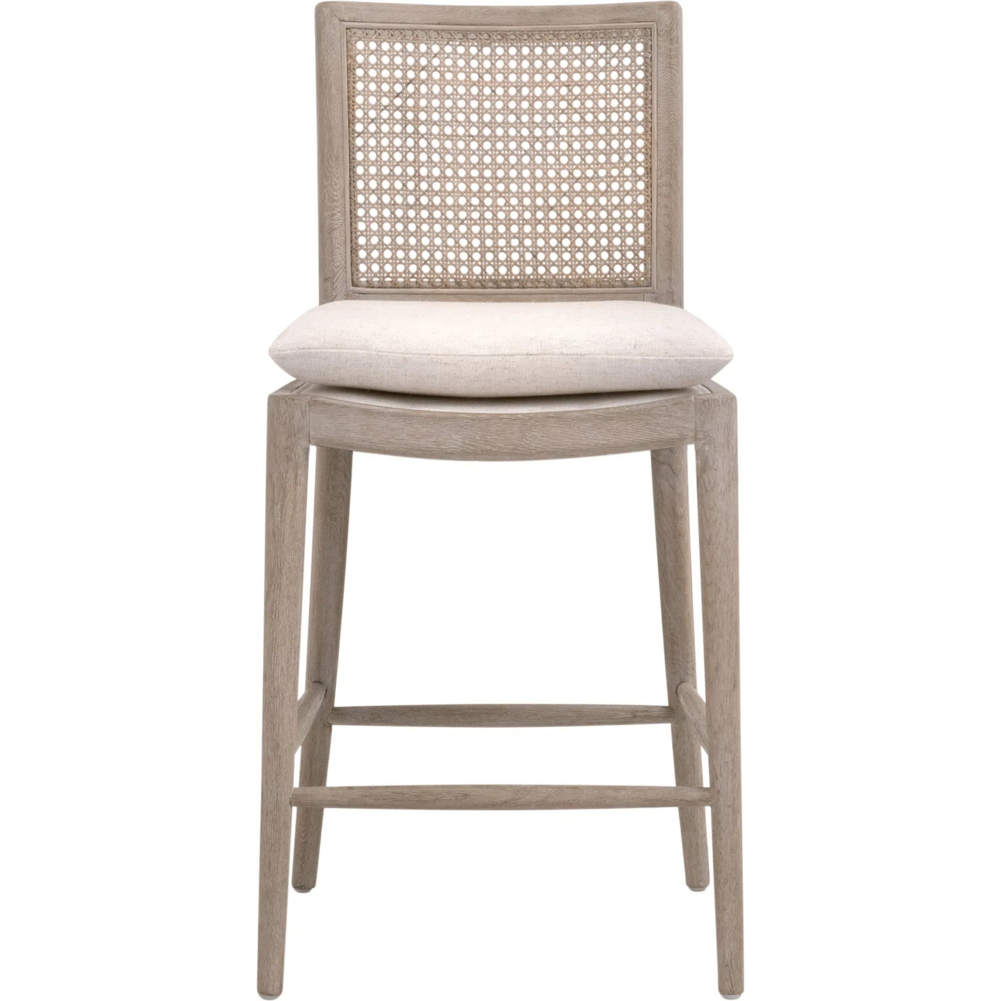 Blume Counter Stool by Essentials For Living in performance textured cream linen, natural gray oak, cane. Made from solid oak wood, cane in a transitional style.