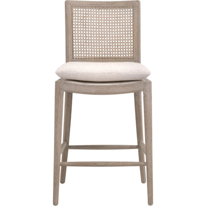 Blume Counter Stool by Essentials For Living in performance textured cream linen, natural gray oak, cane. Made from solid oak wood, cane in a transitional style.