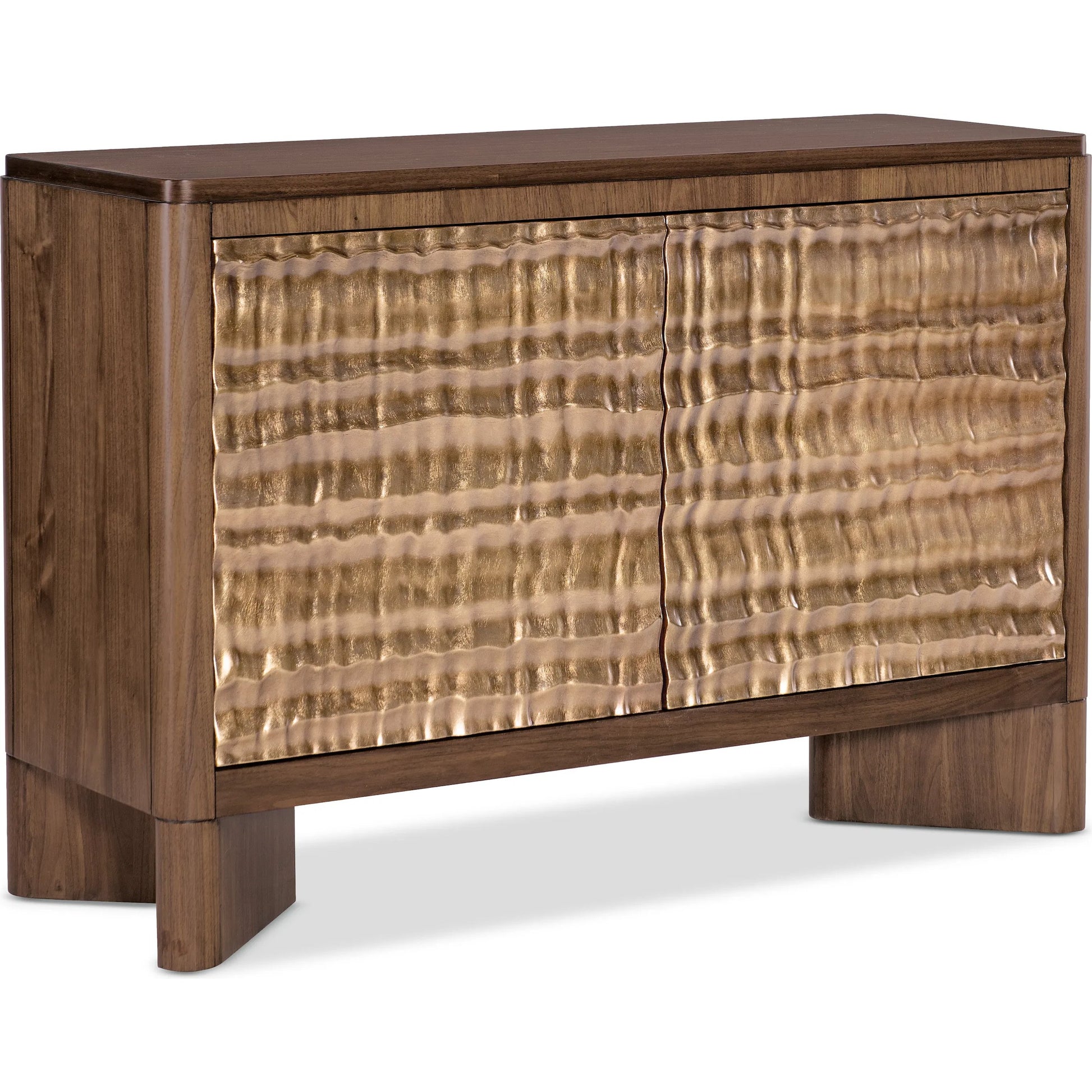 Eleana Two Door Chest by Hooker Furniture in light caramel, quartered walnut veneers, sunlit bronze metal. Made from walnut veneers, resin in a modern style.