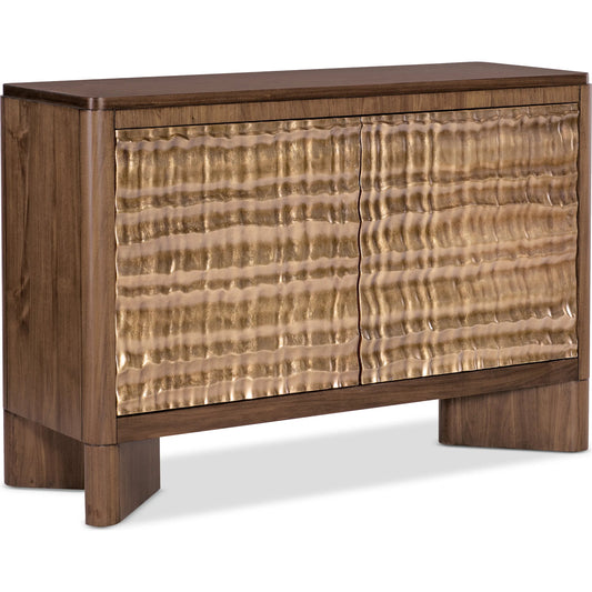 Eleana Two Door Chest by Hooker Furniture in light caramel, quartered walnut veneers, sunlit bronze metal. Made from walnut veneers, resin in a modern style.