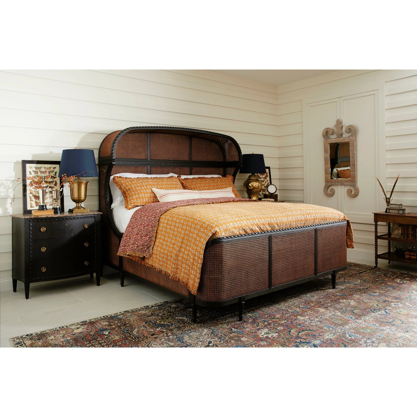 011 SI-2334502 | Lifestyle | Tangiers Shelter Bed by Jonathan Charles in brown, black and ebonized oak. Made from oak solids, natural cane, flat-cut oak veneers in a rustic style.