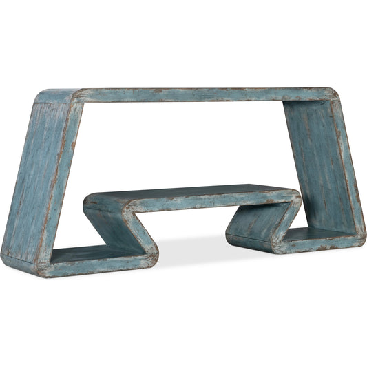 Commerce and Market Inside Track Console Table by Hooker Furniture in blue. Made from maple veneers in a rustic style.