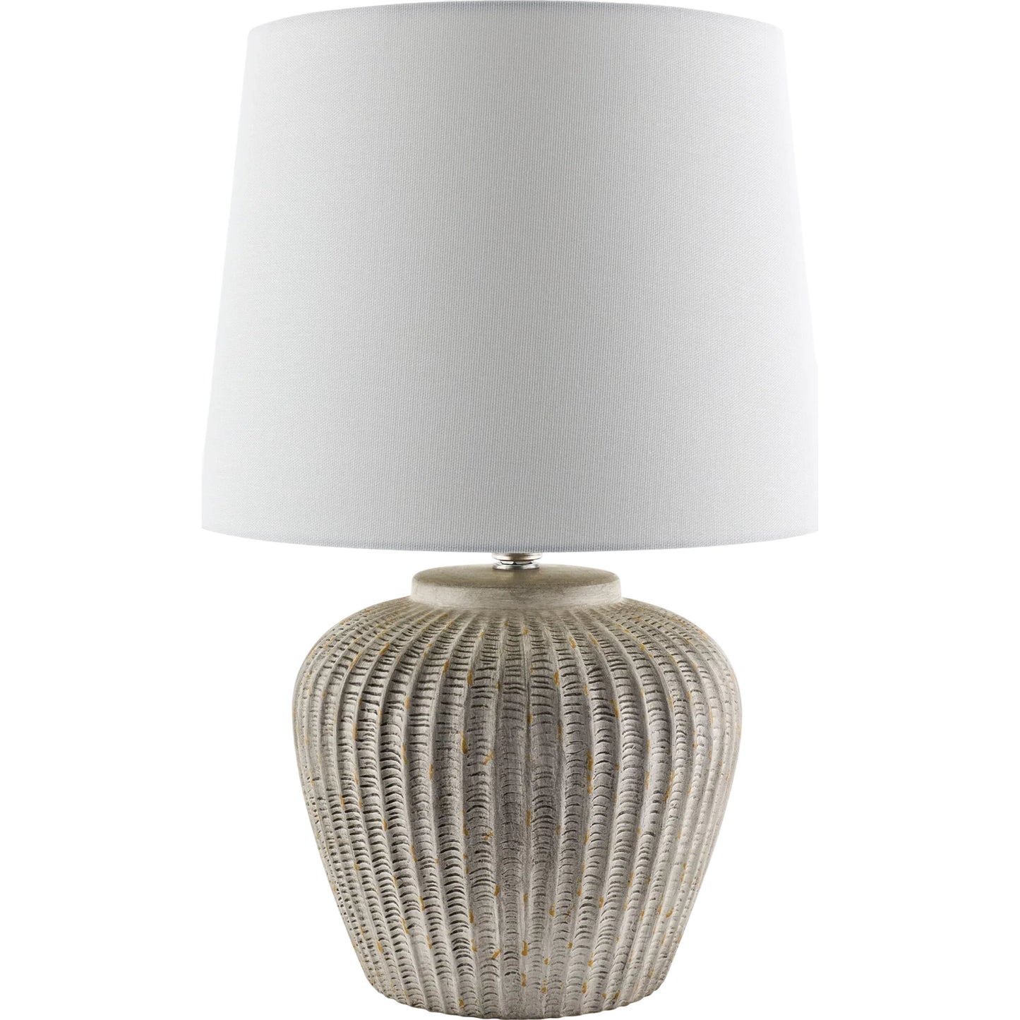 001 SI-2350143 | Primary Silo | Bamba Accent Table Lamp by Livabliss in body: gray; shade: white; finial: metallic - gold; cord: translucent and hand painted. Made from ceramic, iron, linen, polyester in a modern style.