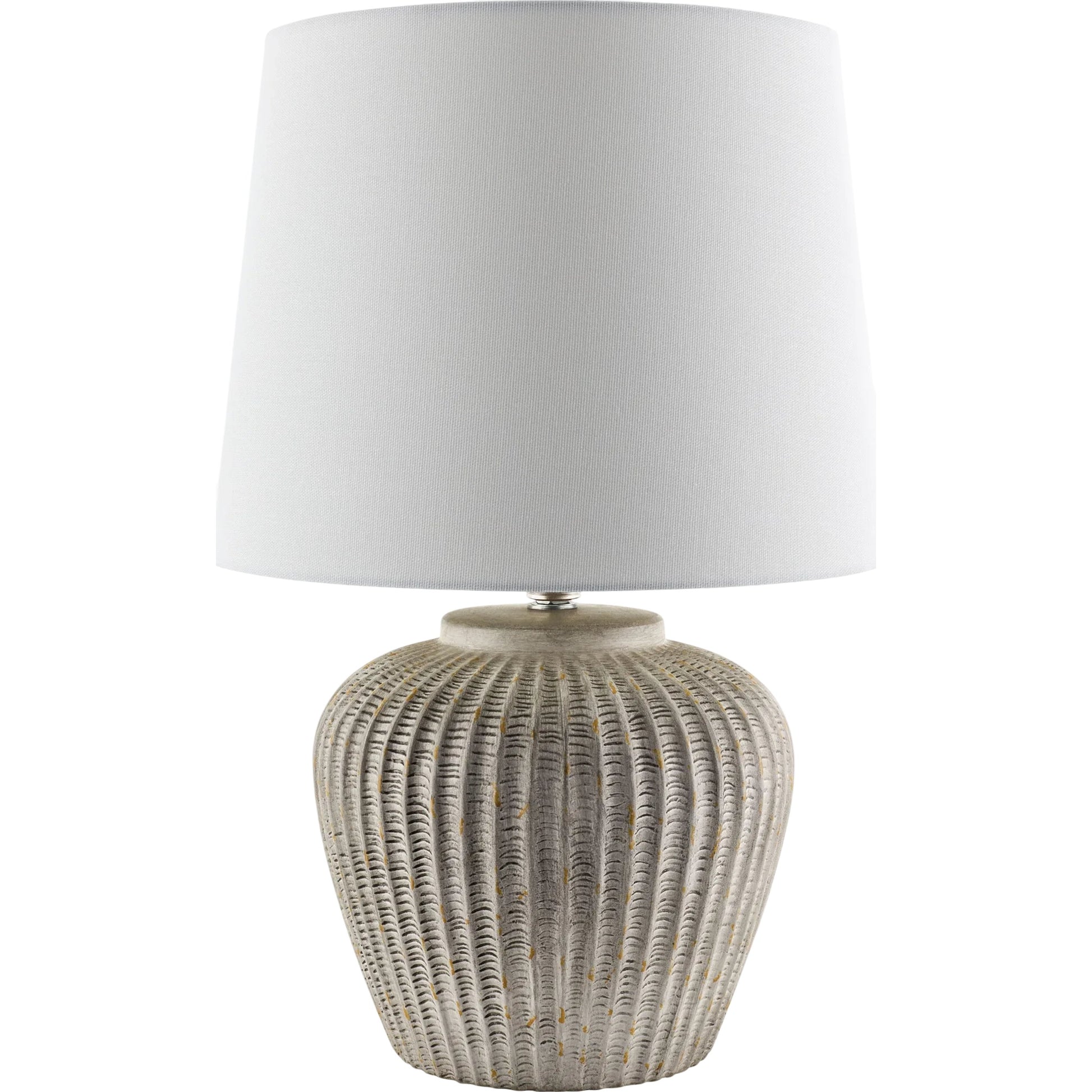 Bamba Accent Table Lamp by Livabliss in body: gray; shade: white; finial: metallic - gold; cord: translucent and hand painted. Made from ceramic, iron, linen, polyester in a modern style.