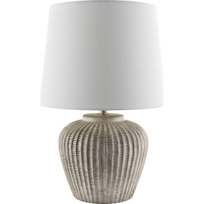 Bamba Accent Table Lamp by Livabliss in body: gray; shade: white; finial: metallic - gold; cord: translucent and hand painted. Made from ceramic, iron, linen, polyester in a modern style.