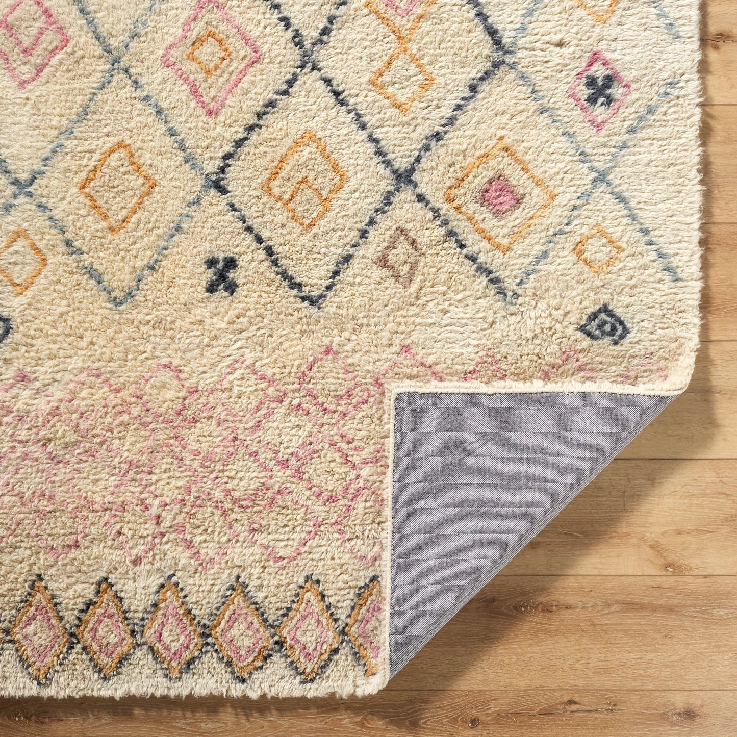 003 SI-2245821,SI-2245822,SI-2245823,SI-2245824,SI-2245825 | Closeup | Beni Moroccan 539049 Rug by Livabliss in beige, mustard, blush pink, slate blue, charcoal. Made from wool in a unique style.