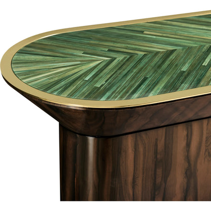 Verdure Console Table by Jonathan Charles in jade green straw. Made from ziricote veneer flat cut in a eclectic & global style.