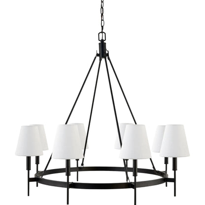 Bonita Chandelier by Livabliss in fixture: black; shade: white; cord: black and electroplated, painted. Made from iron, linen, polyester in a modern style.