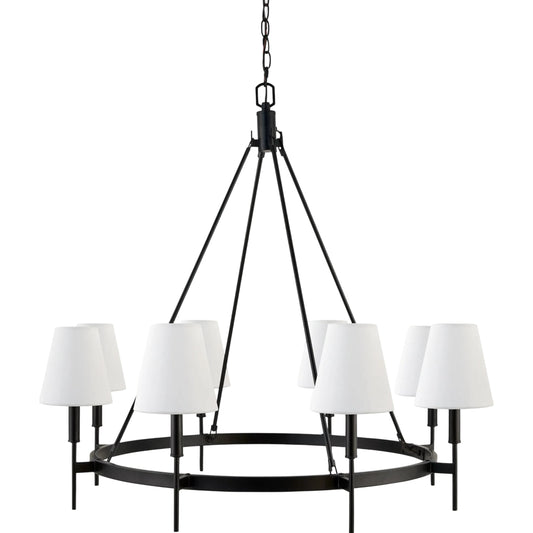 Bonita Chandelier by Livabliss in fixture: black; shade: white; cord: black and electroplated, painted. Made from iron, linen, polyester in a modern style.