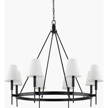 Bonita Chandelier by Livabliss in fixture: black; shade: white; cord: black and electroplated, painted. Made from iron, linen, polyester in a modern style.