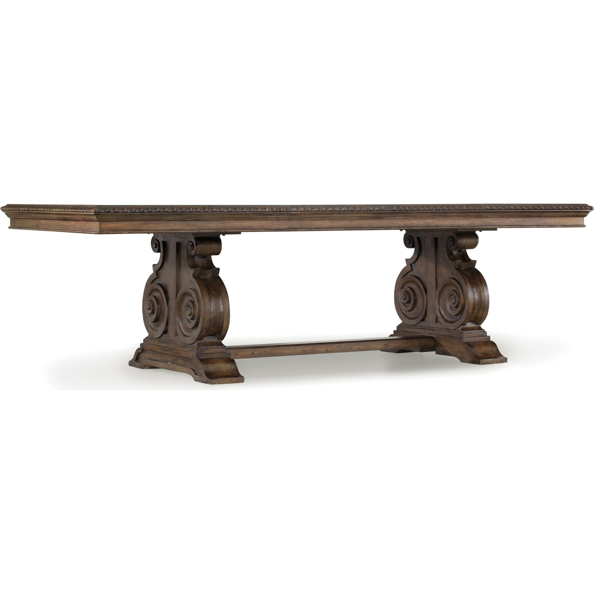 Rhapsody Rectangle Dining Table by Hooker Furniture in rustic walnut. Made from pecan, hickory, ash, black walnut, maple veneers with resin in a traditional style.