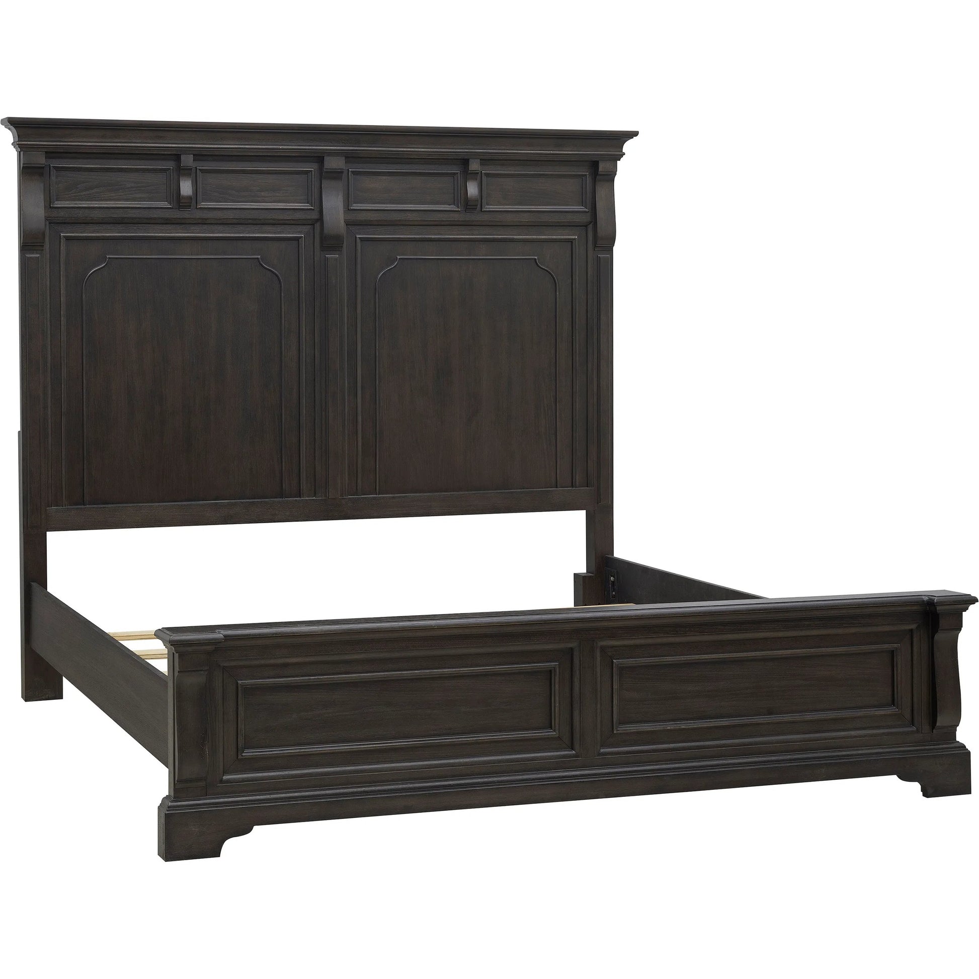 Hickory Creek Panel Bed by Pulaski Furniture in brown velvet. Made from split heart cathedral hickory veneers in a unique style.