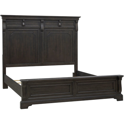 Hickory Creek Panel Bed by Pulaski Furniture in brown velvet. Made from split heart cathedral hickory veneers in a unique style.