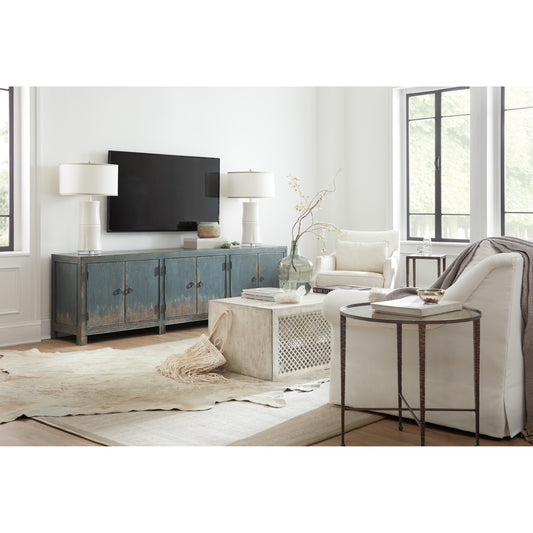 Salvator Media Console by Hooker Furniture in antique blue. Made from maple veneers in a eclectic & global style.