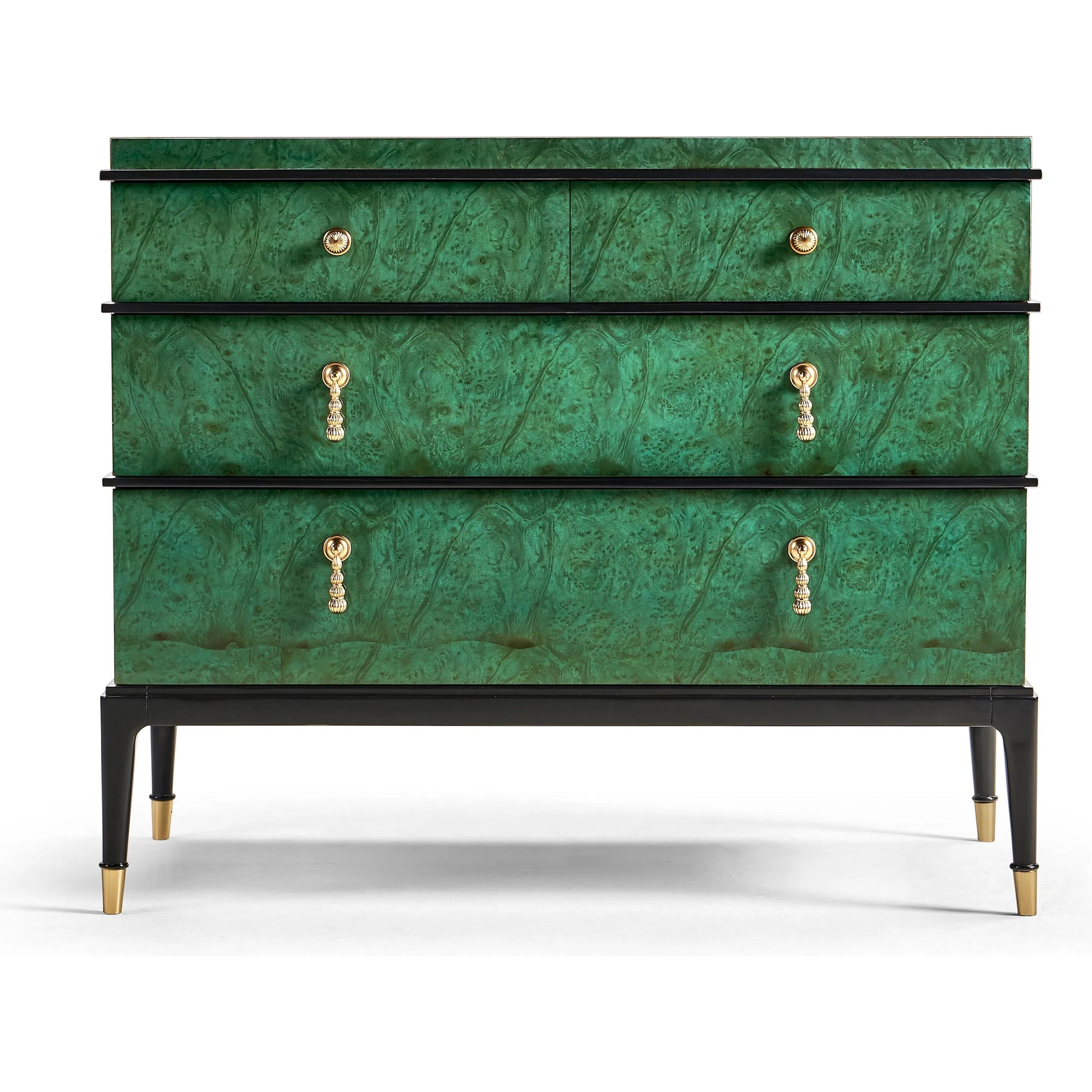 Jacques Bachelors Chest, Brown by Jonathan Charles. Made from solid beech wood, myrtle burl veneers, brass in a modern style.