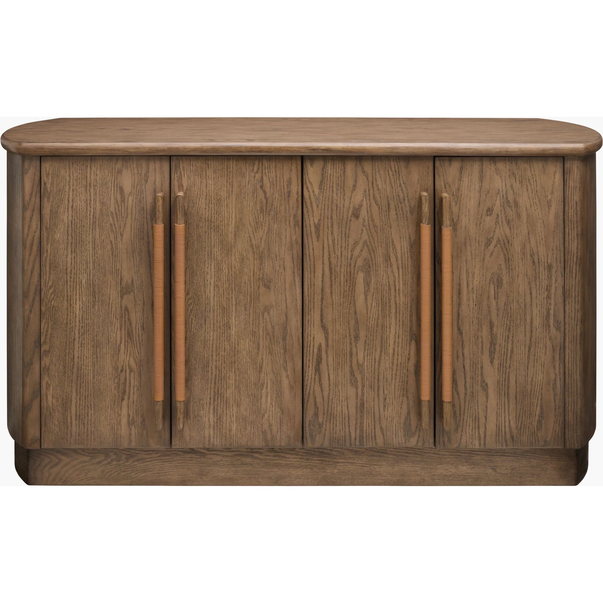 Atra Sideboard by Becki Owens x Surya in brown and stained. Made from rubber wood, oak veneer, leather wrapped in a traditional style.