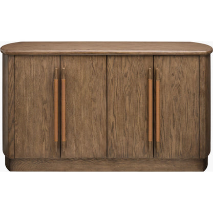 Atra Sideboard by Becki Owens x Surya in brown and stained. Made from rubber wood, oak veneer, leather wrapped in a traditional style.