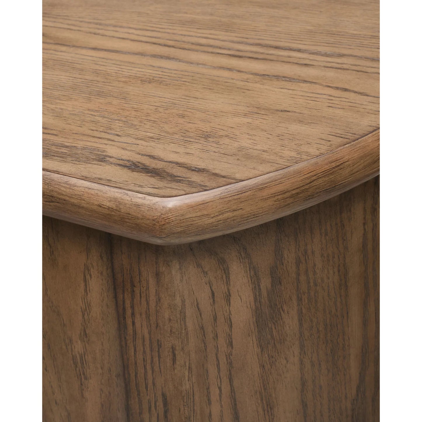 003 SI-2379472 | Closeup | Atra Sideboard by Becki Owens x Surya in brown and stained. Made from rubber wood, oak veneer, leather wrapped in a traditional style.