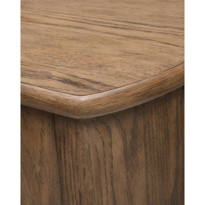 Atra Sideboard by Becki Owens x Surya in brown and stained. Made from rubber wood, oak veneer, leather wrapped in a traditional style.