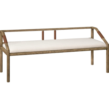 Atra Bench by Becki Owens x Surya in light beige, brown. Made from polyester, linen, red oak, leather wrapped, polyester wrapped foam in a rustic style.
