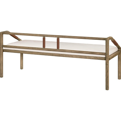 Atra Bench by Becki Owens x Surya in light beige, brown. Made from polyester, linen, red oak, leather wrapped, polyester wrapped foam in a rustic style.