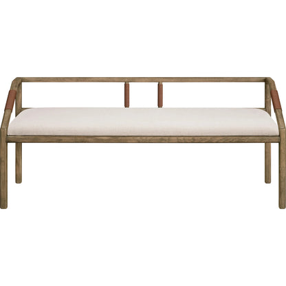 Atra Bench by Becki Owens x Surya in light beige, brown. Made from polyester, linen, red oak, leather wrapped, polyester wrapped foam in a rustic style.