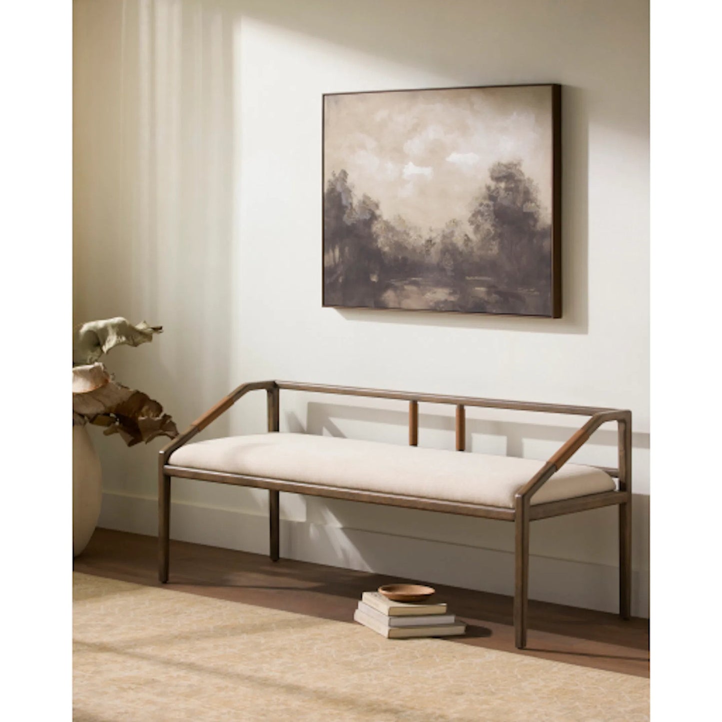 005 SI-2379482 | Lifestyle | Atra Bench by Becki Owens x Surya in light beige, brown. Made from polyester, linen, red oak, leather wrapped, polyester wrapped foam in a rustic style.